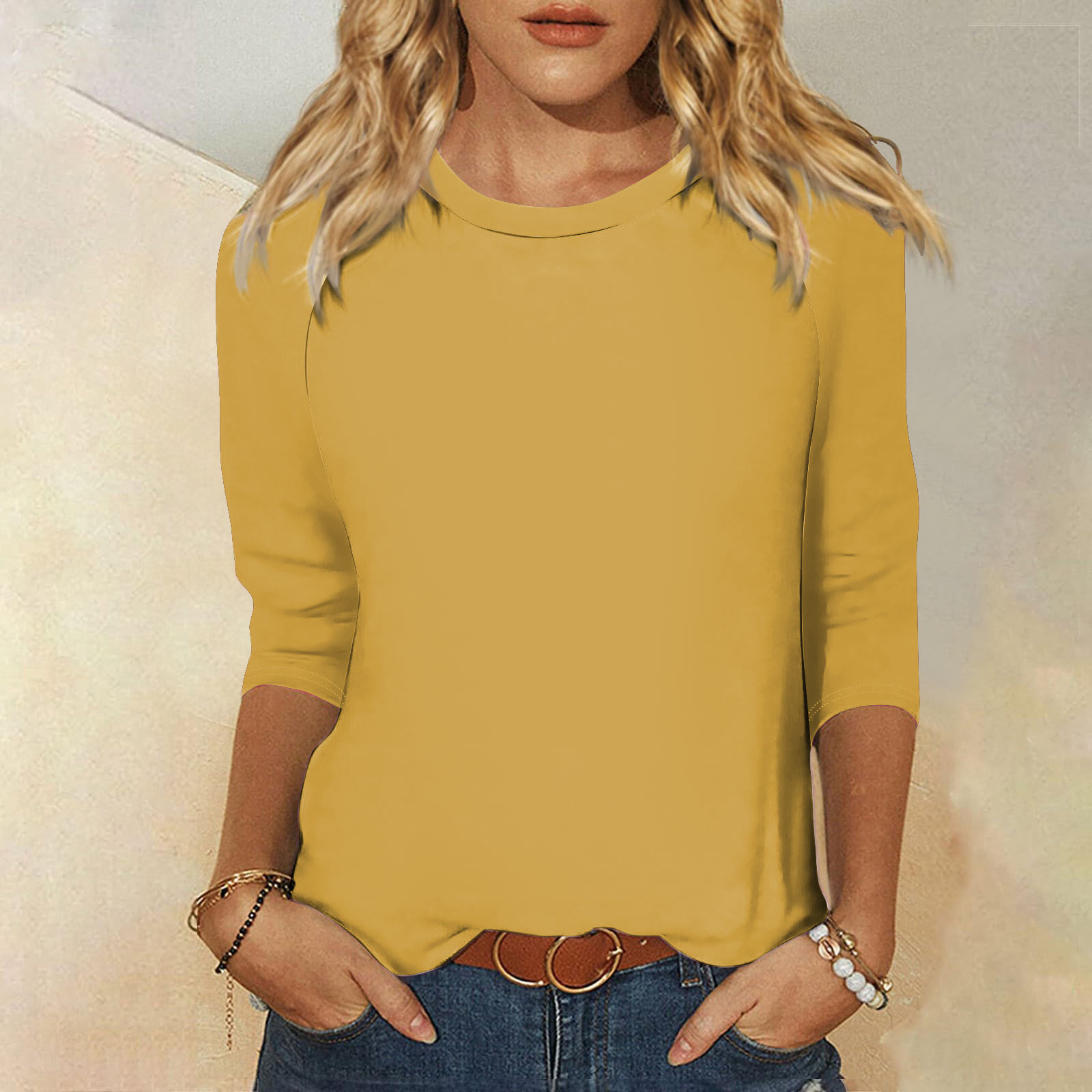 thumbnail image 2 of Camisa raglán informal de manga 3/4 para mujer, cuello redondo, poliéster, color liso, estilo informal y moderno, tallas S-XXL, 2 of 5